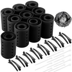 WILLBOND 141 Pieces Hair Rollers Set Include 60 Pcs Plastic Hair Rollers (Black,6 Sizes)