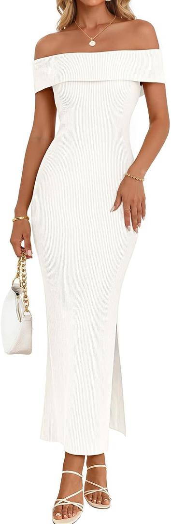 MEROKEETY Women's 2026 Off Shoulder Bodycon Midi Dress Summer Spring Formal Elegant Knit Sweater Dresses (White, L)