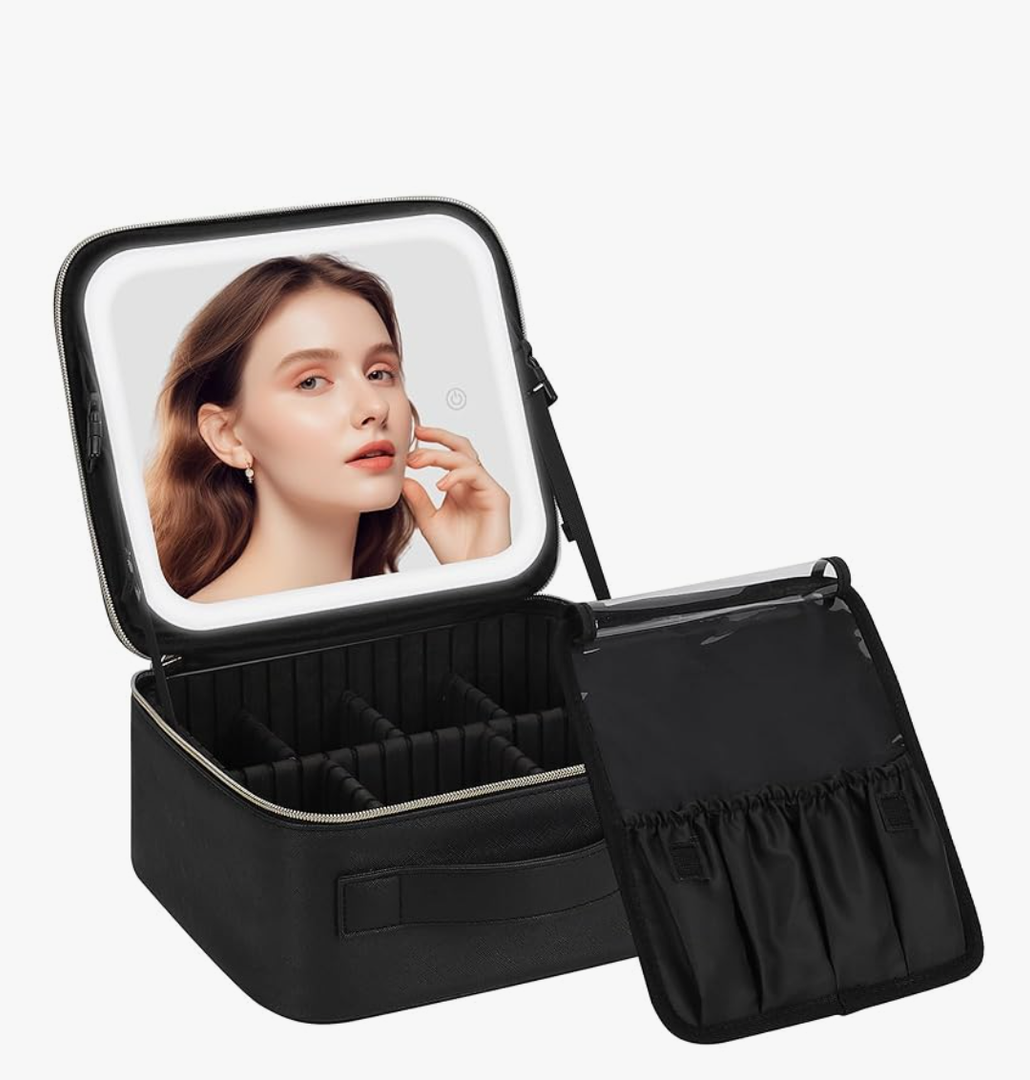 Chomeiu Makeup Bag with LED Mirror, Travel Makeup Case for Women and Makeup Artists Cosmetic Organizer Large Make Up Bags with Light Up Mirror, 3 Color Lights, Adjustable Dividers and Brush Holder