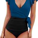 Blooming Jelly Women's Tummy Control Swimsuits Slimming One Piece Bathing Suit Ruffle Wrap V Neck Swimwear (Large, Blue and Black)