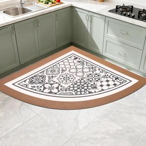 Corner Rug, L Shaped Kitchen Mat, Non Slip Corner Kitchen Rugs Washable, 4mm Thickness Rubber Kitchen Mats for Floor, Water Absorbent, Easy to Clean, FLORALTILE-35.5X35.5INCH(Half Circle)