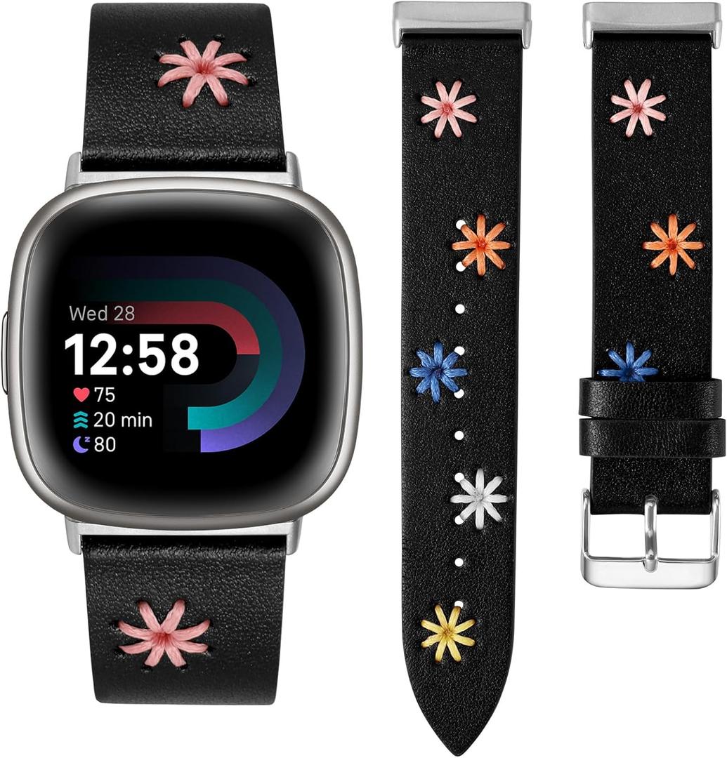 Wearlizer Leather Band Compatible with Fitbit Versa 4/Versa 3/Sense 2/Sense Band Women, Boho Cute Colorful Daisy Vibrant Floral Handmade Stitched Fancy Soft Leather Strap for Versa 3 4 Sense 2 (Black/Silver)