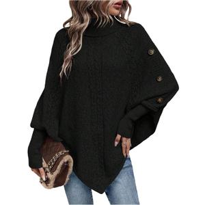 MakeMeChic Women's Poncho Sweater Asymmetrical Turtleneck Knit Pullover Sweater Button Oversized Long Sleeve Poncho (Black)