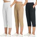 Real Essentials 3 Pack: Women's Ribbed Capri Jogger Lounge Sweatpants with Pockets Yoga Workout (S)