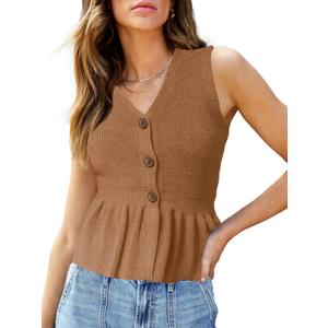 Womens Ruffle Hem Sweater Vests Sleeveless Peplum Cardigans V Neck Button Tank Top Knit Casual Vest Tops (Brown, L)