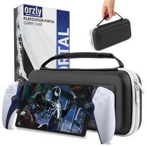 Orzly Carry Case designed for Playstation Portal remote player for PS5 Console holds accessories, Travel and Storage Protection for headset charger and more BLACK/WHITE - Gift box edition