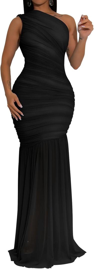 Memoriesea Women's Sexy One Shoulder Mesh Ruched Bodycon Formal Cocktail Maxi Dress (Black)
