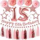 Kuxriox 13Pcs Birthday Decorations for Girls, Pink Rose Gold Happy Birthday Banner and Balloons, Glittery Bday Tissue Pompoms, Circle Dots Garland, Tassel Garland Party Supplies