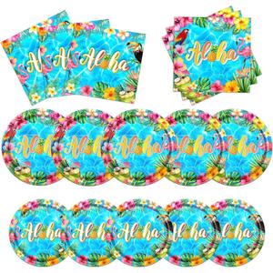 Summer Birthday Party Decorations,Aloha Tropical Party Tableware Hawaiian Plates and Napkins Party Supplies for Hawaiian Luau Party Theme Birthday Decorations