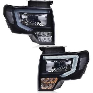 PIT66 LED DRL Headlights Assembly Compatible with Ford F150 2009 2010 2011 2012 2013 2014 Driver & Passenger Headlamp Smoke lens Black Housing Clear Reflector