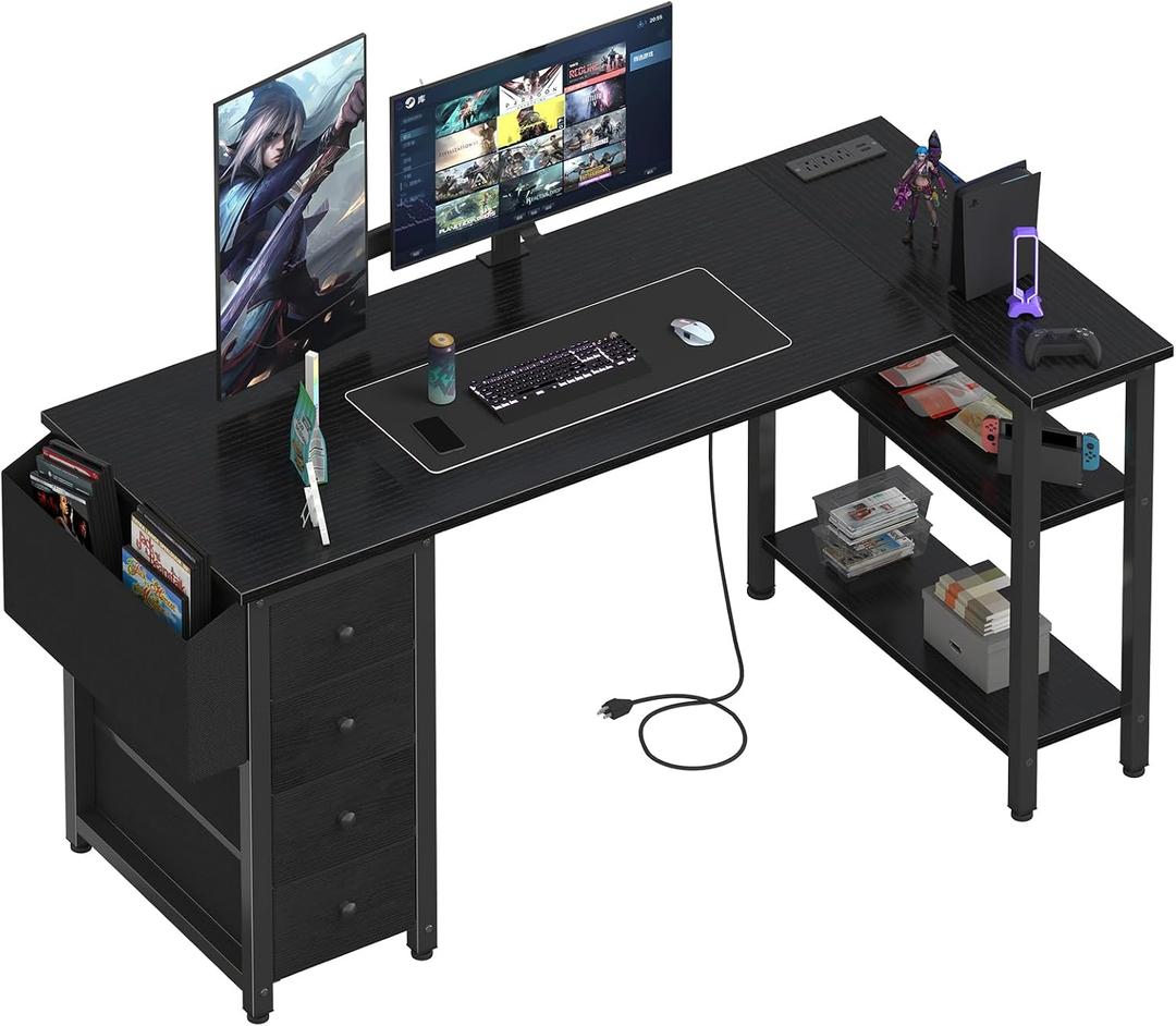 Lufeiya L Shaped Computer Desk with Drawers & Storage Shelves, 55 Inch Corner Desk with Power Outlet for Home Office Bedroom, L-Shaped Teen PC Gaming Desks with Fabric Drawer