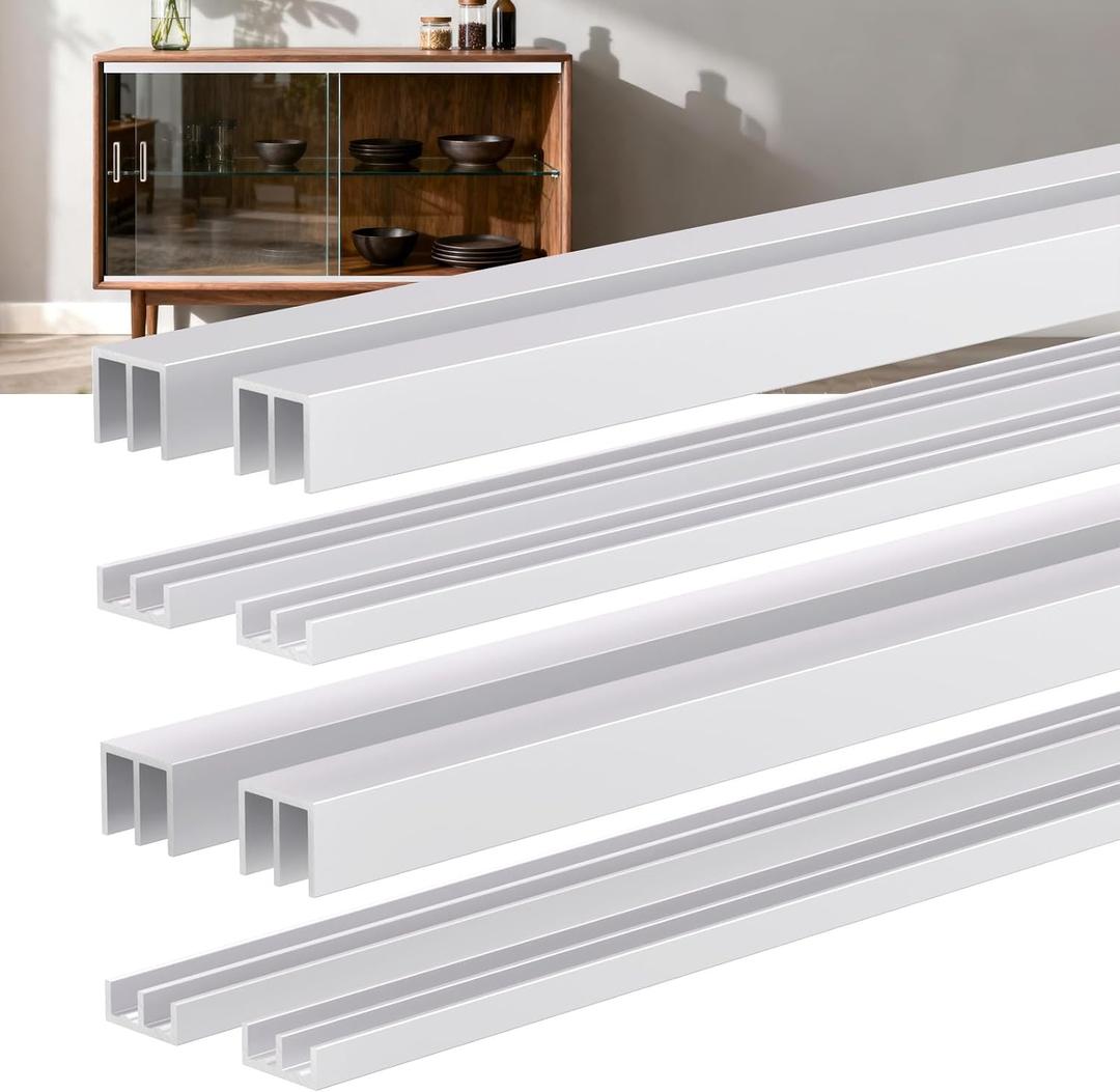 4 Sets 4FT Aluminum Sliding Door Track for 1/8" Thick Panels Closet Glass Doors Pet Cabinet Door Hardware Window Sliding Track System (Silver)