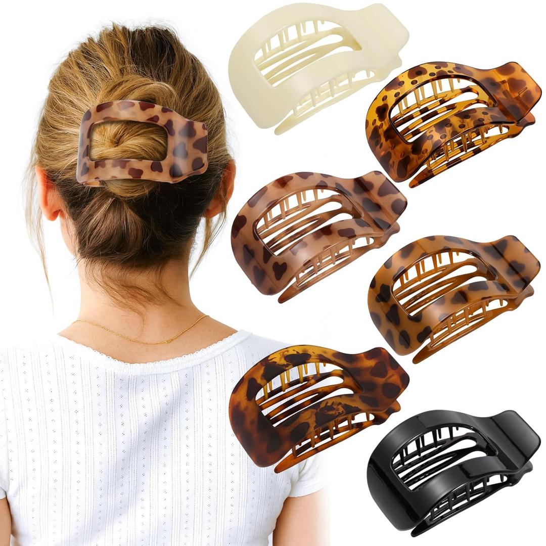 6 PCS Flat Hair Clips for Women, Large French Flat Claw Clips for Thick Thin & Curly Hair, Strong Hold Non Slip Leopard Print Jaw Clips Hair Accessories for Girls Valentine's Day Gifts, Tortoise