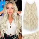 KooKaStyle Invisible Wire Hair Extensions with Transparent Wire Adjustable Size 4 Secure Clips Long Wavy Secret Hairpiece 20 Inch Platinum Blonde for Women