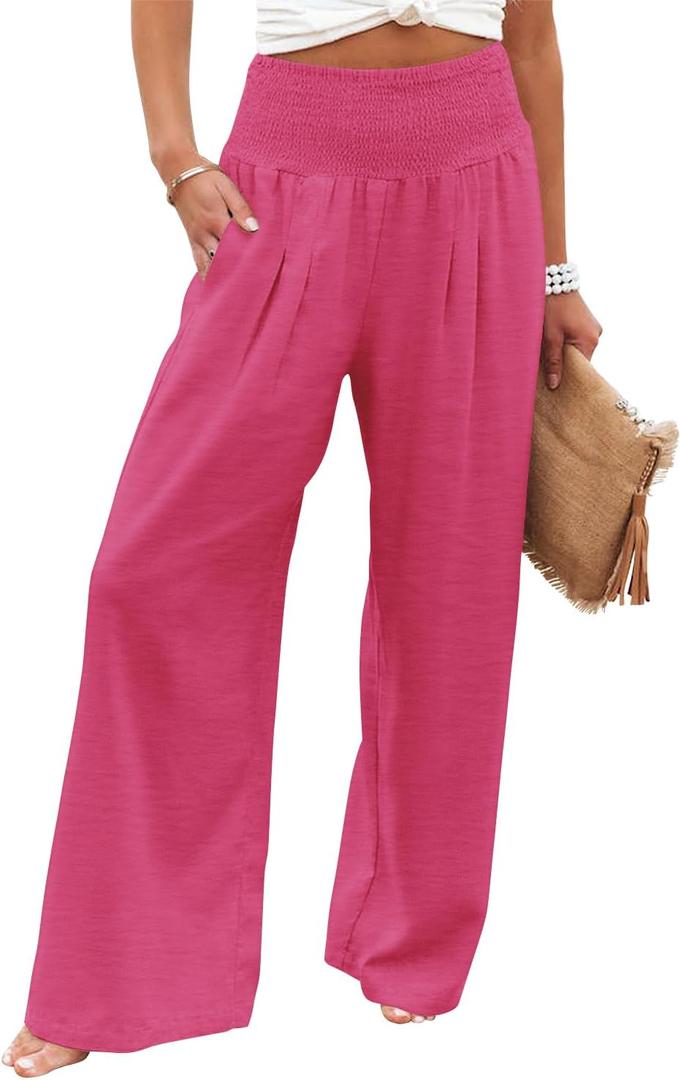 Angerella Womens Elastic High Waisted Palazzo Pants Casual Wide Leg Long Lounge Pant Trousers with Pocket (XX-Large, #1 Rose)