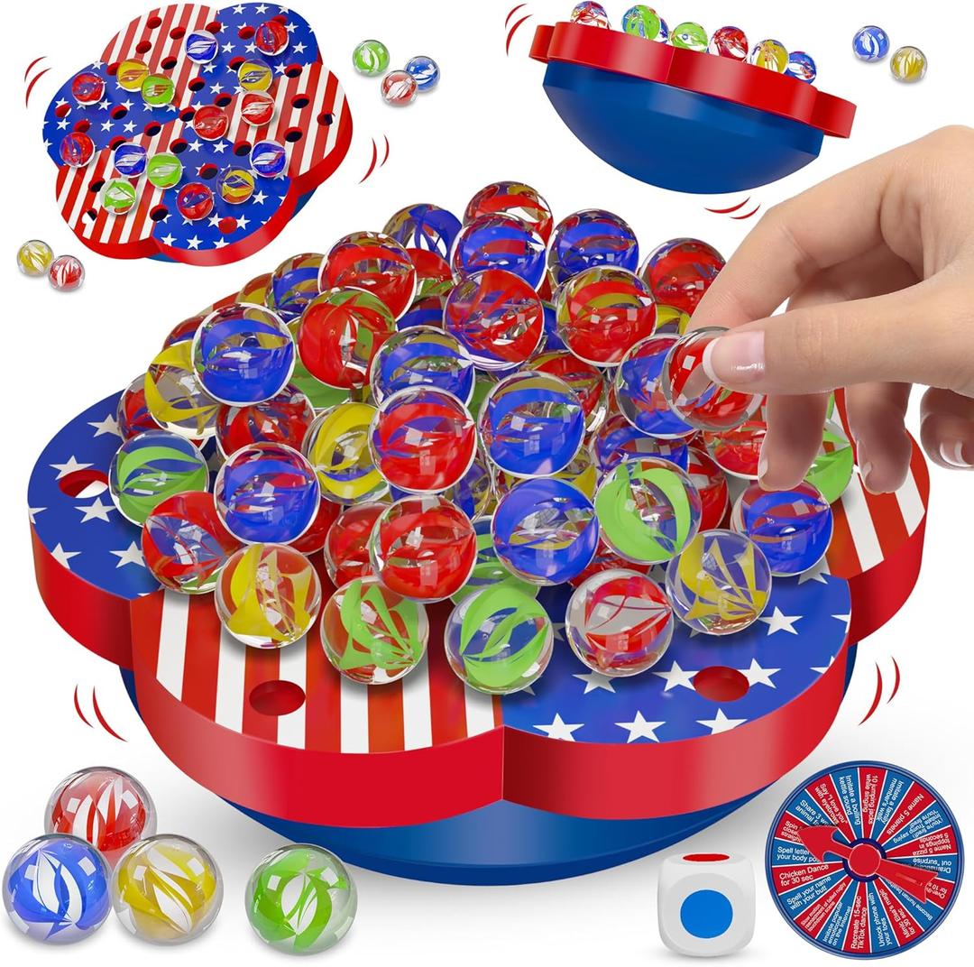 Junall Wobble Balance Marble Game for Kids 80 Colorful Marbles, Dice, Chessboard, Turntable, Challenge Cards, Fun Family Board Game for Parties, Gifts for Kids Ages 6-12+