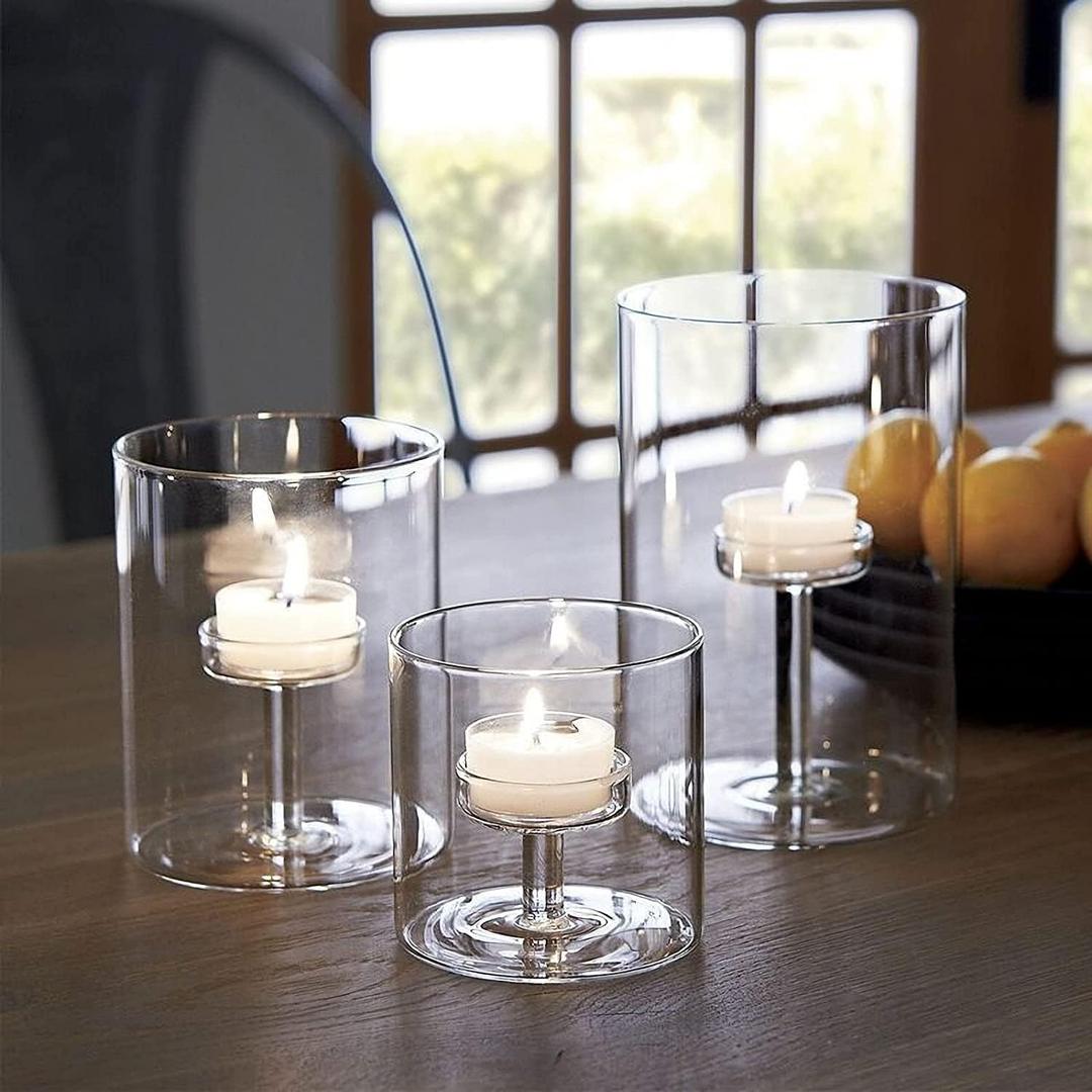 Set of 3 Cylinder Glass Decorative Hurricane Candle Holder Clear Votive Candle Holders Table Centerpieces for Dining Room Wedding Parties Home Decorations (Size.01)
