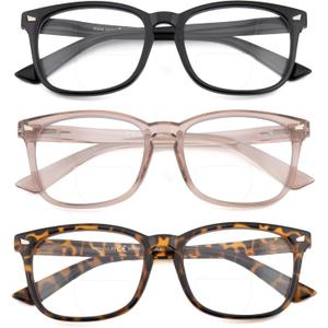 3 Pack Bifocal Reading Glasses For Women Men PC Rectangle Frame Anti Blue-ray Multifocal Readers with Spring Hinge (Bifocal-mixed Color)