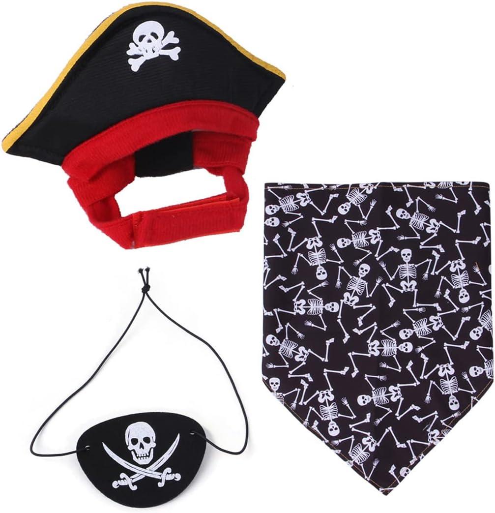 XIAOYU 3 Pieces Halloween Dog Pirate Costume Set Pet Pirate Hat Pirate Skull Triangle Bandana and Pirate Blindfold for Dog Cat Halloween Cosplay, Black