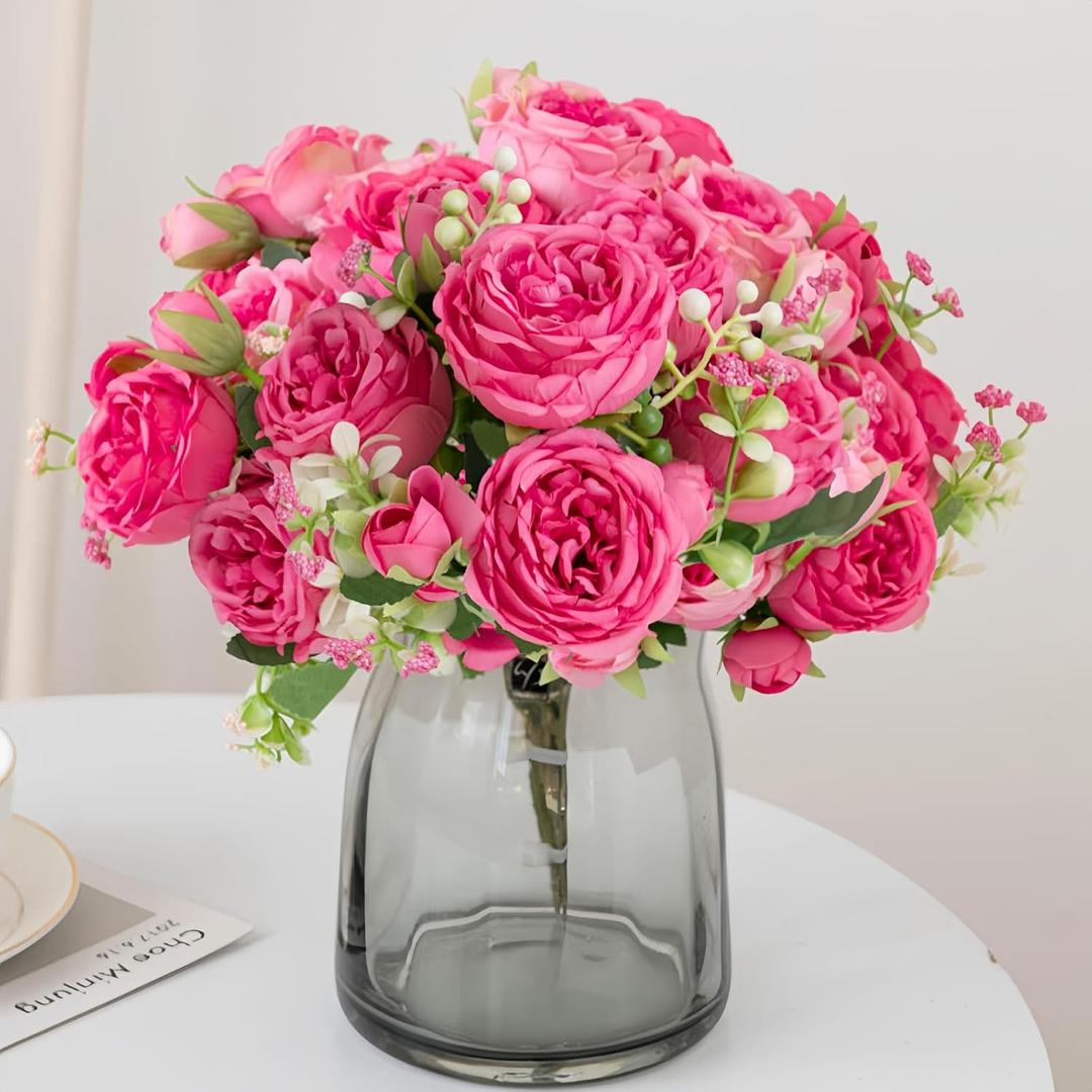 ASTRYAS Artificial Flowers, 3Pcs Silk Fake Peonies Faux Hot Pink Artificial Flowers Peonies Bouquet Arrangements Table Centerpieces for Wedding Office Home Decor Cake