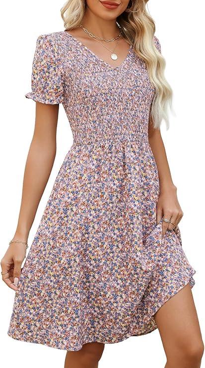 EeYu Women's Summer Dress Casual Short Sleeves V-Neck Flowy Smocked Knee Length Dresses with Pockets, Small