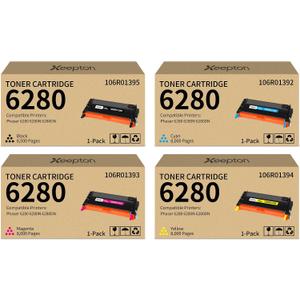 Phaser 6280 Toner Cartridge (With Chip) Replacement for Xerox 6280 106R01395 106R01392 106R01393 106R01394 Toner Cartridge for Phaser 6280 6280N 6280DN Printer, 4-Pack Black Cyan Magenta Yellow