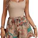 Women's 2 Piece Floral Boho Outfit Sleeveless Square Neck Tank Top and Tribal Print Belted Shorts Vacation Sets (Large, Multicolor)