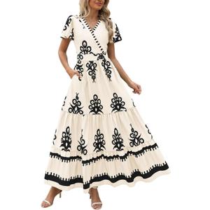 PRETTYGARDEN Womens 2025 Summer Casual V Neck Boho Maxi Dress Flowy Aline Bell Sleeve Tiered Floral Dresses with Pocket (Medium, Floral Apricot Black)