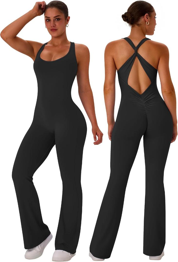 TDIFFUN Flare Workout Jumpsuits for Women One Piece Sleeveless Scrunch Butt Lifting Gym Bodysuit Sexy Backless Yoga Outfits, Medium, Black
