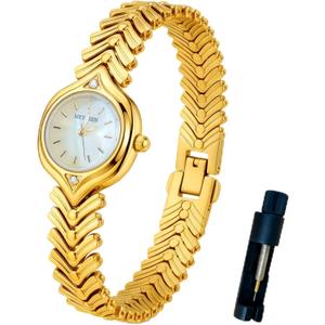 Small Gold Watches for Women's Dainty Analog Dress,Unique Designer Trendy Bangle Bracelets for Women Diamond Watch Oval Case Mother of Pearl Dial, Water Resistant with Tools