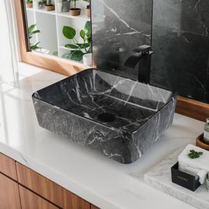 Black Marble Bathroom Vessel Sink With Faucet and Drain 19x15 Inch Rectangular Ceramic Sink Marbling Basin Bowls Above Counter Bowl Sinks for Bathrooms Modern Porcelain Vessel Sinks, Large