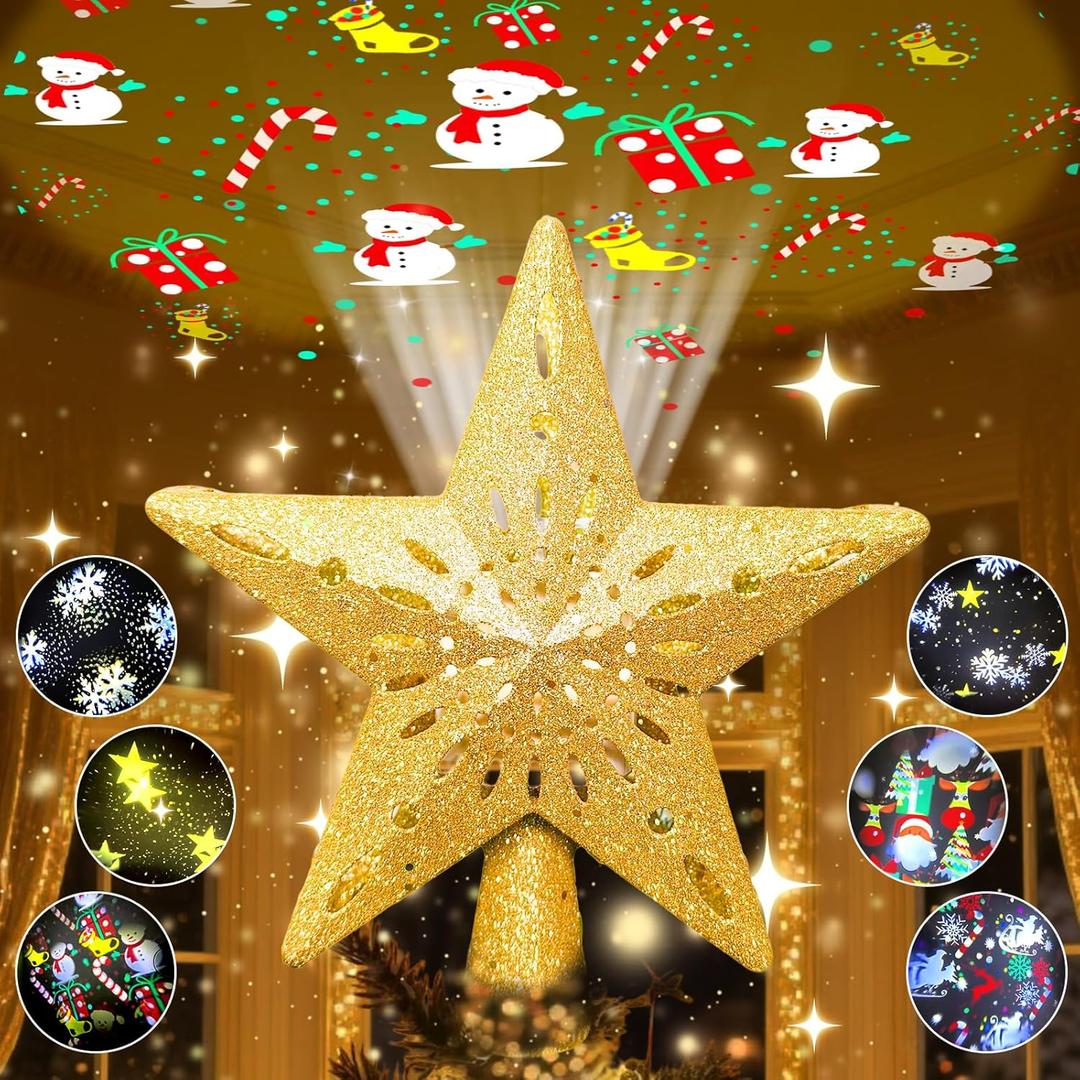 10.23 inch Christmas Star Tree Topper Projector with 6 Patterns Gold Star Christmas Tree Topper Plug in for Indoor Office Xmas New Year Holiday(Gold, 6 Patterns,3m Cable)