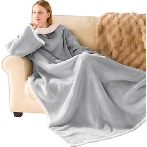 IFNOW Sherpa Wearable Blanket with Sleeves for Women Men Adults, Christmas Birthday Gifts for Women Mom Wife, Cozy Wearable Blanket with Arm and Pocket, Warm Full Body TV Wrap Throw Blanket, Grey