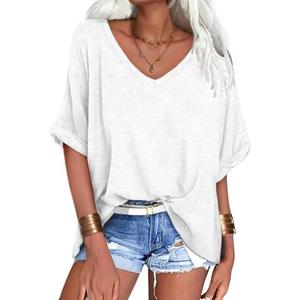 WIFFGO Womens T Shirts Summer Tee Tops V Neck Short Sleeve Casual Half Sleeve Cozy Comfy Loose Fit Basic Roll Up Tees M