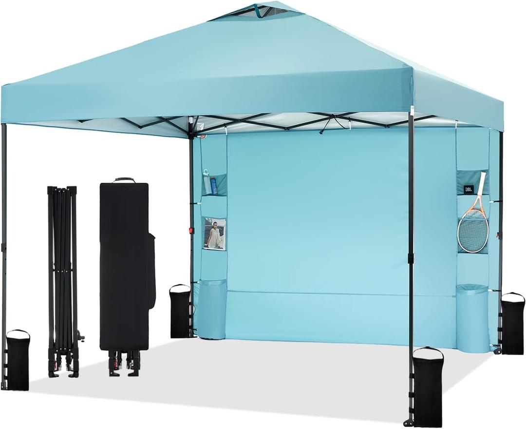 10'x10' Pop Up Canopy Tent with 1 Sidewall and 6 Pockets, One Push Setup, Instant Shade Tent with Vented Roof for Beach Patio Outdoor, Case, 8 Stakes, 4 Ropes, 4 Sandbags (Cyan, 10x10)