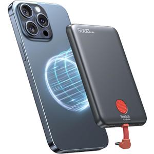 Slim Magnetic Power Bank 5000mah, PD 20W Fast Charging Travel Battery Pack, Pocket Size Portable Charger with Built in USB C Cable for iPhone 15/16 Series Samsung Android (USB C black)