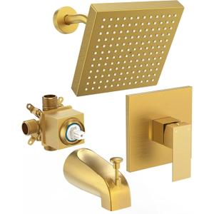 Brushed Gold Tub Shower Faucet Set With Valve, 8-Inch Square Gold Shower Head and Tub Faucet Set, Shower Faucet Set With Rain shower Head and Tub Spout, High-Pressure Tub Shower Trim Kit