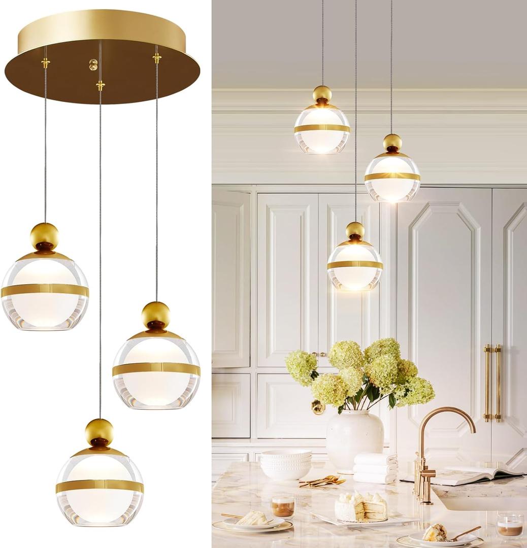 Modern Pendant Lights Gold Globe Cluster Hanging Pendant Light Fixtures Acrylic LED Pendant Lighting Kitchen Island for Dining Room Living Room Bedroom 3 Light