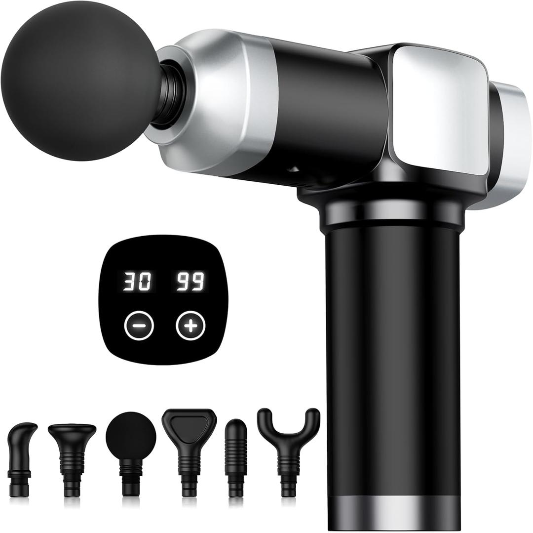 Deep Tissue Massage, Portable Percussion Electric Muscle Massager for Pain Relief, Handheld Massagers with 30 Speeds & 6 Attachments for Back and Neck, Gifts for Men Women (Black)