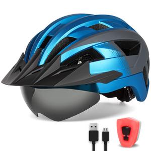 FUNWICT Adult Bike Helmet with Visor and Goggles for Men Women Mountain Road Bicycle Helmet Rechargeable Rear Light Cycling Helmet (XL: 59-63 cm (23.2-24.8 inches), Blue Grey)