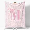 Coquette Pink Bow Throw Blanket,Personalized Initial M Soft Fluffy Cozy Flannel Blanket,Monogrammed Gifts for Daughter Women Teen Girls,Customized Blanket for Bedding Bedroom Office,50x60 Inches