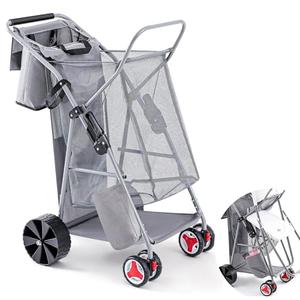 DoubleFill Beach Cart with Big Wheels for Sand, Foldable Beach Wagon Buggy with Surfboard Holder, Removable Tote and Aluminum Frame, Wide Wheel for Chairs, Cooler, Camping, Picnic Outdoor(Grey)