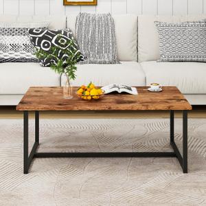 Coffee Table Rectangular Center Table for Living Room Open Space Side Table with Metal Frame, Easy Assembly, Black+ Rustic Brown Wood Coffee Table