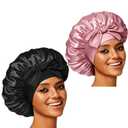 2PCS Silk Bonnet for Women, Satin Bonnet for Sleeping, Large Sleep Cap with Elastic Tie Band for Curly Hair (Bean Paste Pink+Black)