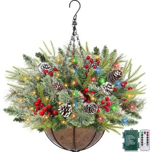 Mixed Branchs-20 Inch Christmas Hanging Basket with Lights 30LED Warm White&Multicolored 8 Modes Timer Remote Control, Lifelike Smoky Bristles Norfolk Pine Hanging Christmas Front Door Porch Decor