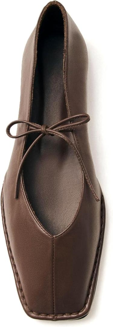 VorisVina Lace Up Square Toe Ballet Flats for Women Cute Bow Slip On Mary Jane Flats Casual Ballerina Shoes (9, Chocolate-brown)