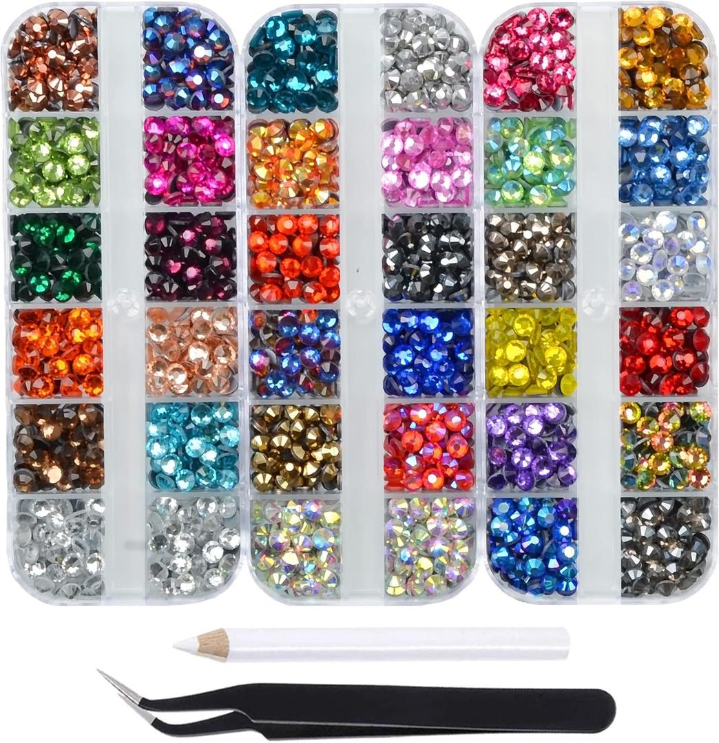Massive Beads 1600pcs+ Flatback Glass Hotfix Iron On Rhinestones Crystal for DIY Making with 1 Tweezer & 1 Picking Pen for Shoes, Clothes, Face Art, Bags, Manicure (34-Colors, SS 20)
