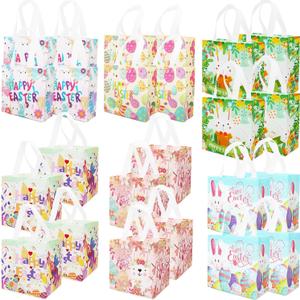 PARSUP 24PCS Happy Easter Egg Hunt Bags, Assorted Sizes, Easter Bunny Carrot Chick Egg Treat Bag with Handles, Non-Woven Gifts Wrapping, Egg Hunt, Spring Party Supplies