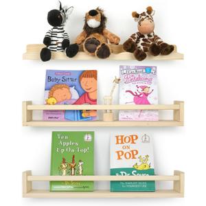 Nursery Book Shelves for Wall, 23.6 Inch Solid Wood Floating Nursery Bookshelf, Wooden Floating Shelves for Toys and Decor Storage, 23.6 Inch 2+1 Pack Natural Wood