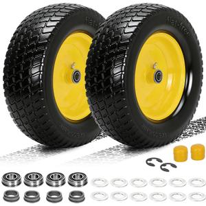 2 Pack 15x6.00-6 Flat Free Lawn Mower Tire and Wheel, 15" Solid Front Tires with 3" Centered Hub, 3/4" & 5/8" Bearings and 1" Bushings, Compatible with John Deere Husqvarna Riding Mowers Lawn Tractors